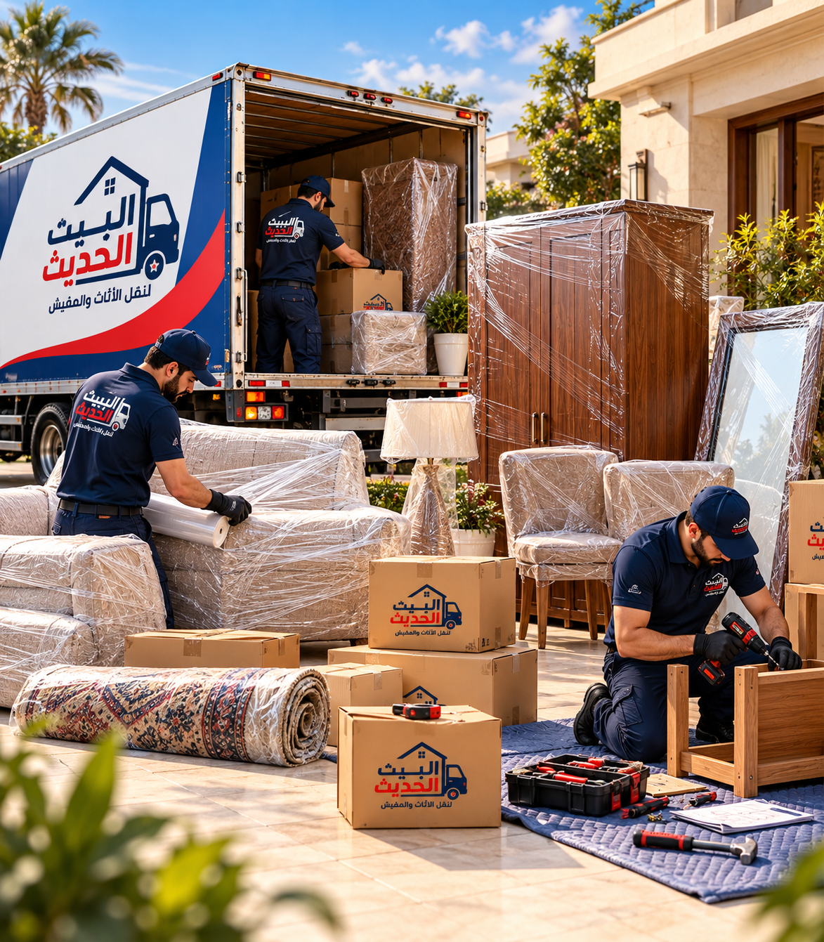 فريق البيت الحديث يجهز الأثاث للنقل أمام المبنى
